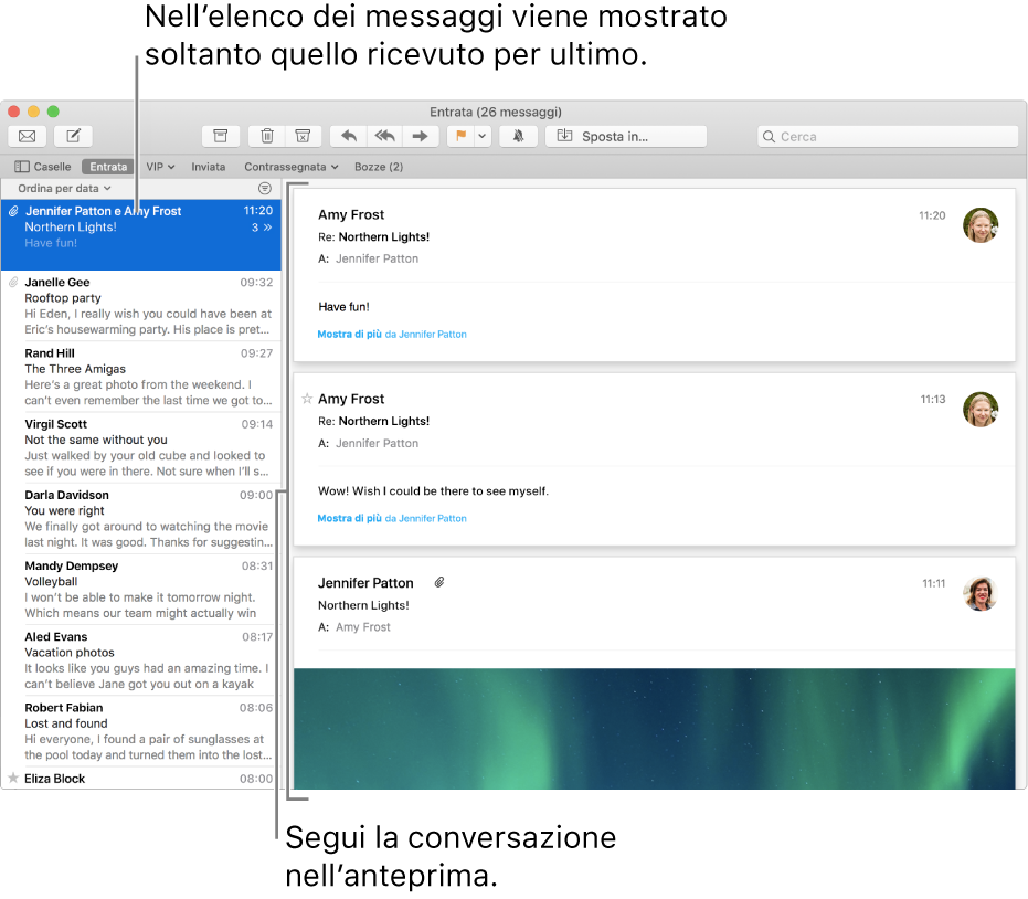 Viene visualizzato solo il messaggio più recente di una conversazione nella lista dei messaggi. Un numero nel messaggio superiore indica quanti messaggi della conversazione sono presenti nella casella attuale. Segui la conversazione nell'area di anteprima.