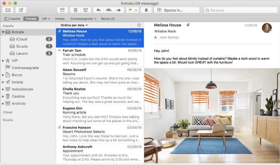 La barra laterale della finestra di Mail che mostra le caselle Entrata degli account iCloud, scolastico e aziendale.