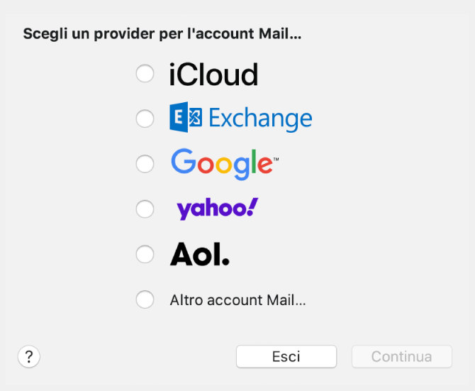 La finestra di dialogo per la selezione del tipo di account e-mail mostra le opzioni iCloud, Exchange, Google, Yahoo, AOL e “Altro account Mail…”.