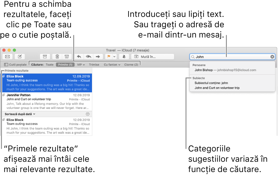 Cutia poștală în care se efectuează căutarea este evidențiată în bara de căutare. Pentru a căuta în altă cutie poștală, faceți clic pe numele acesteia. Puteți să scrieți sau să lipiți text în câmpul de căutare sau puteți să trageți o adresă de e-mail dintr-un mesaj. Pe măsură ce introduceți textul, apar sugestii sub câmpul de căutare. Acestea sunt organizate în categorii, de exemplu Subiect sau Fișiere atașate, în funcție de textul căutat. Primele rezultate afișează la început cele mai relevante rezultate.