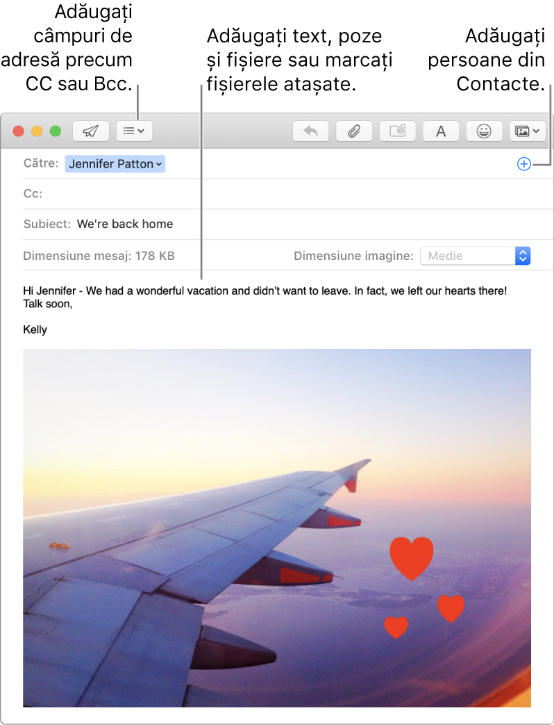 O fereastră de mesaj nou indicând butonul Câmpuri de antet, butonul Adaugă într-un câmp de adrese pentru adăugarea persoanelor din Contacte și afișând o imagine marcată în corpul mesajului.