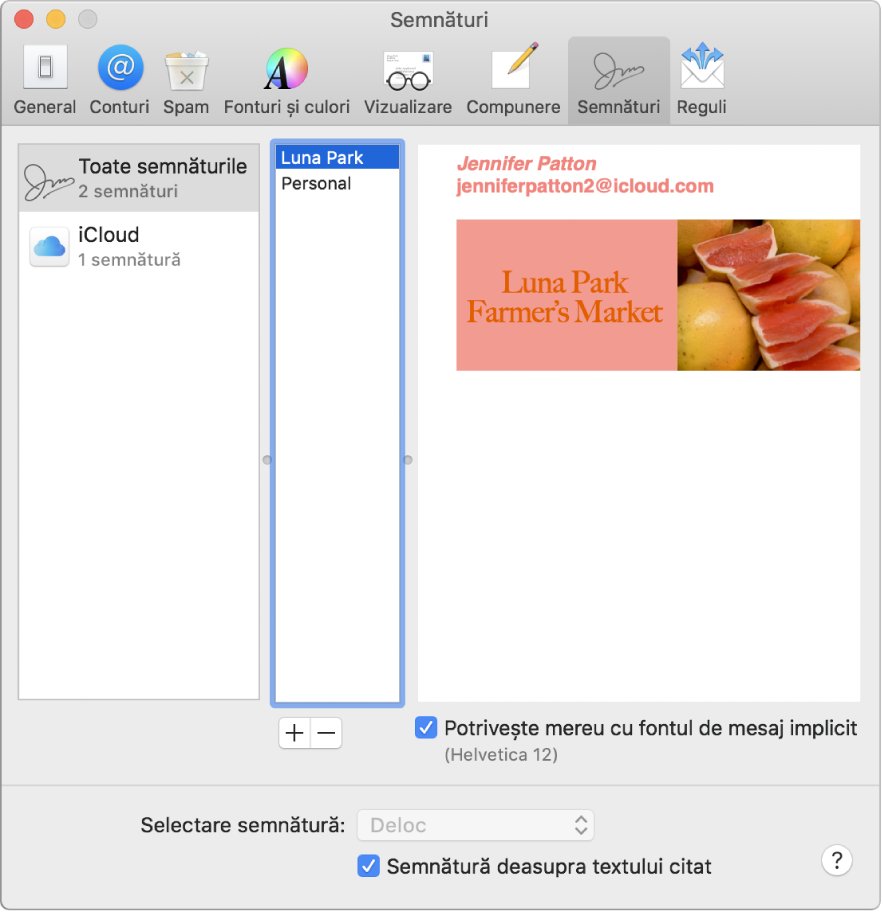 Panoul de preferințe privind semnăturile în Mail, afișând o semnătură care conține text formatat și o imagine.