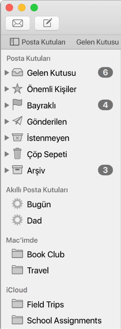 Kenar çubuğunun üst kısmında standart posta kutularını (Gelen Kutusu, Taslaklar vb.) ve bunların yanı sıra Mac’imde ve iCloud bölümlerinde yarattığınız posta kutularını gösteren Mail kenar çubuğu.