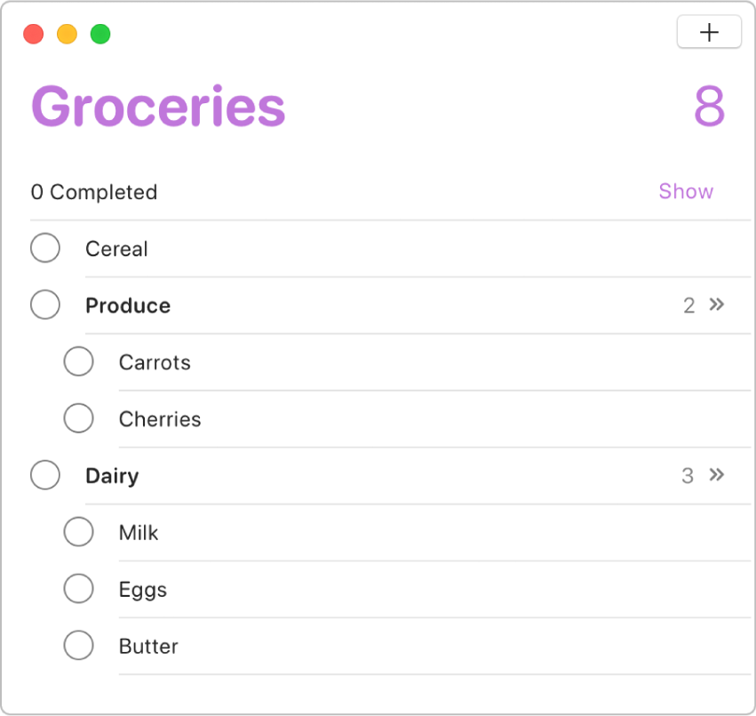 A reminders list showing the reminders organised into subtasks.