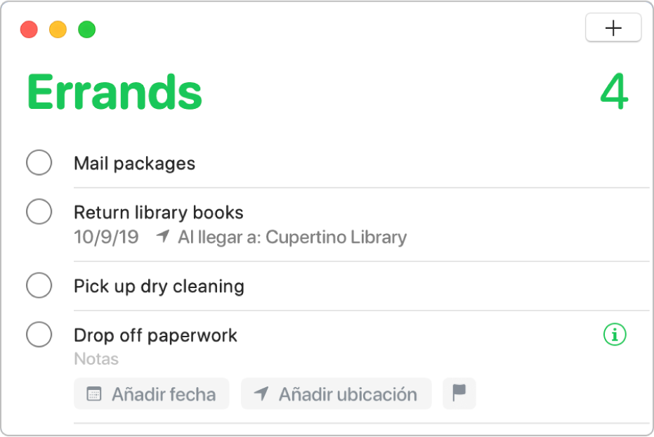 Una lista de recordatorios con un recordatorio seleccionado y campos para introducir la fecha, la ubicación y un indicador.