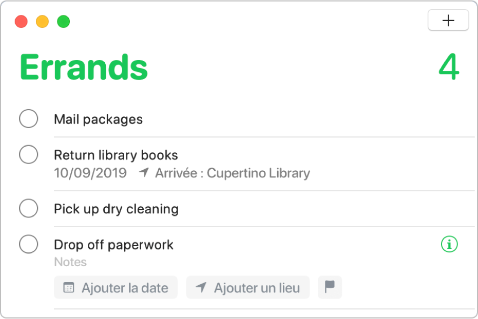 Une liste de rappels affichant un rappel sélectionné avec des champs permettant de saisir la date et le lieu, et d’attribuer un drapeau.