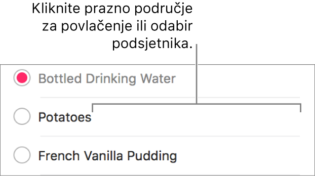 Kliknite na prazno područje desno od naziva podsjetnika za odabir podsjetnika.