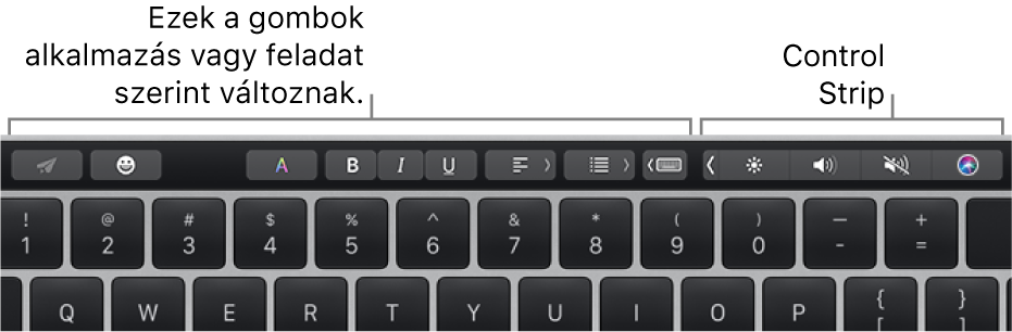 A Touch Bar, bal oldalán az adott alkalmazás vagy feladat alapján változó billentyűkkel, jobb oldalán pedig a visszazárt Control Strippel.