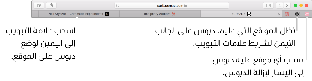 المواقع المثبتة في شريط علامات تبويب Safari.