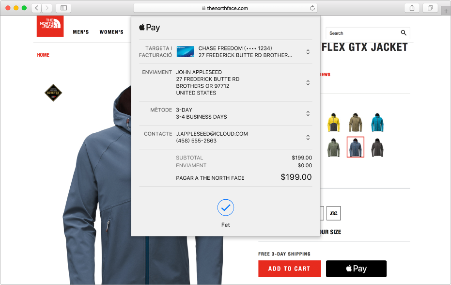 Una coneguda botiga virtual que permet utilitzar l’Apple Pay, amb els detalls de la teva compra, com ara la targeta de crèdit en què s’ha efectuat el càrrec, les dades d’enviament, la informació de la botiga i l’import de la compra.