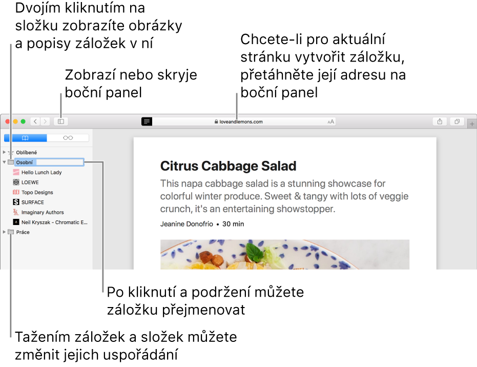 Okno Safari se záložkami na bočním panelu; jedna záložka je vybraná pro úpravy