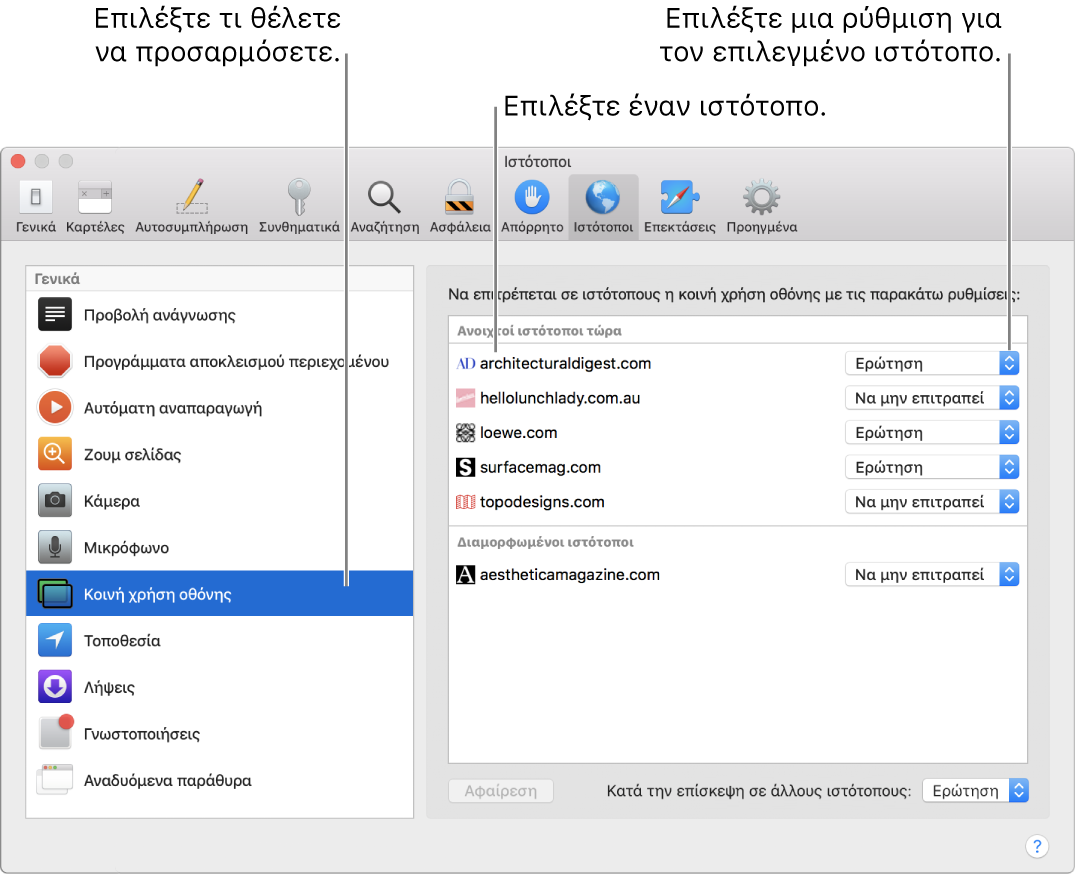 Το τμήμα «Ιστότοποι» των προτιμήσεων του Safari, όπου μπορείτε να προσαρμόσετε τον τρόπο περιήγησης σε μεμονωμένους ιστότοπους.