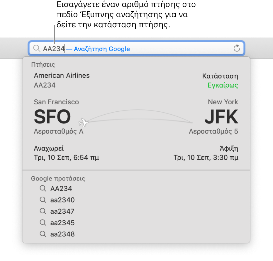 Ένας αριθμός πτήσης που έχει εισαχθεί στο Έξυπνο πεδίο αναζήτησης, με την κατάσταση της πτήσης να εμφανίζεται ακριβώς από κάτω.