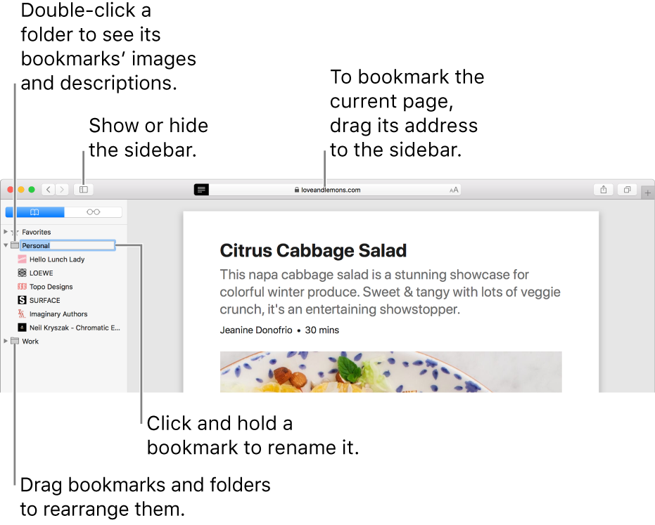 A Safari window showing bookmarks in the sidebar; one bookmark is selected for editing.