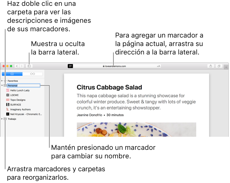 Una ventana de Safari que muestra los marcadores en la barra lateral. Un marcador está seleccionado para editar.