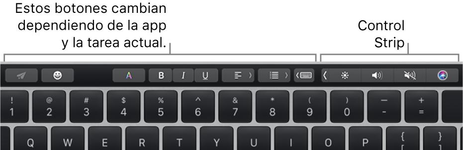 Touch Bar con botones en la izquierda que varían según la app o la tarea y, en la derecha, la Control Strip contraída.