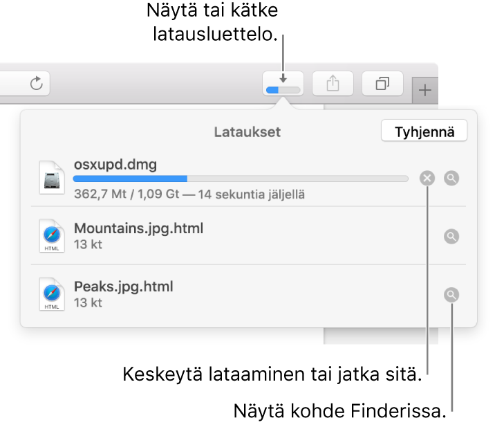 Työkalupalkin Lataukset-painike ja latausten luettelo sen alapuolella.