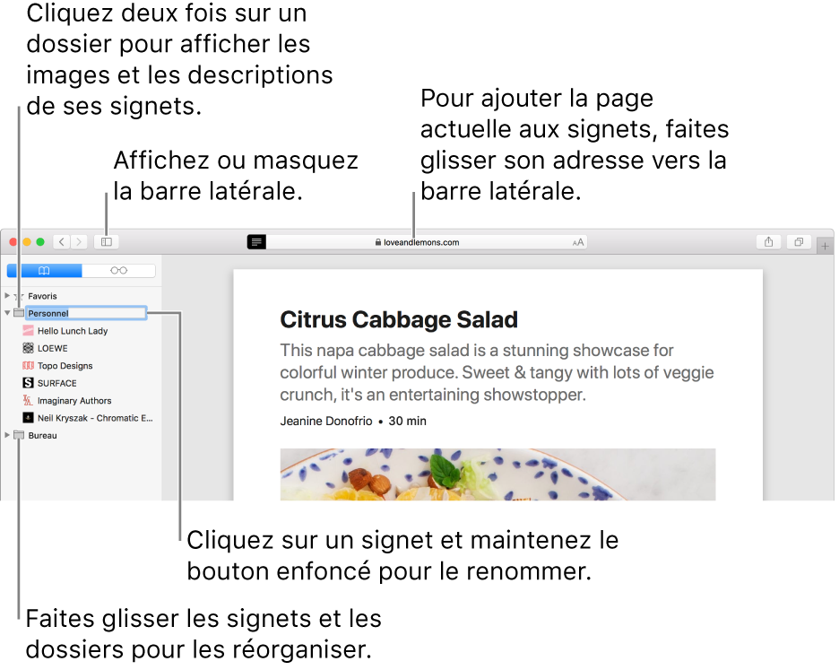 Une fenêtre Safari affichant les signets de la barre latérale ; l’un d’eux est sélectionné en vue d’être modifié.