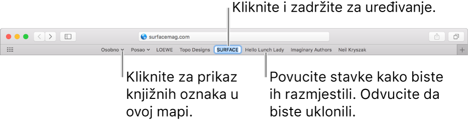 Traka Omiljene stavke s mapom knjižne oznake. Za uređivanje knjižne oznake u traci, kliknite na nju i držite ju pritisnutom. Za promjenu rasporeda stavki na traci povucite ih: Za uklanjanje stavke, povucite ju izvan trake.