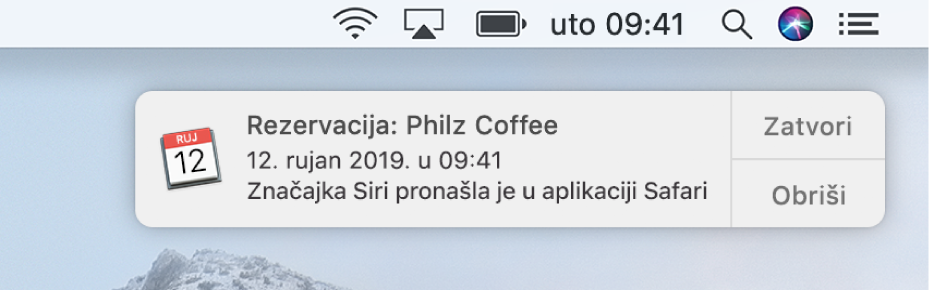 Siri prijedlog za dodavanje događaja iz Safarija u Kalendar.