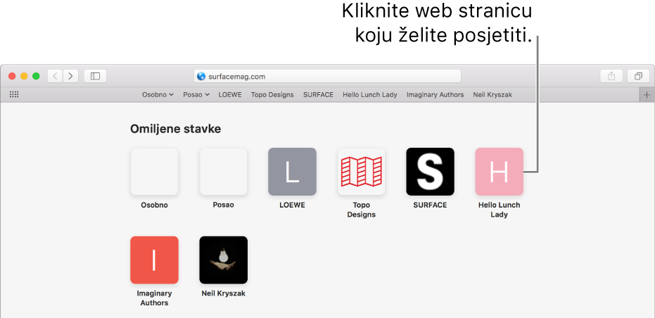 Polje za adresu i pretraživanje u Safariju, a ispod njega se nalaze ikone omiljenih web stranica.