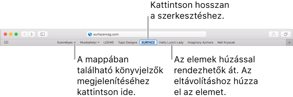 A Kedvencek sáv könyvjelzőket tartalmazó mappával. Ha a sávon egy könyvjelzőt vagy mappát szerkeszteni szeretne, kattintson rá, és tartsa lenyomva a gombot. A sávon lévő elemek átrendezéséhez húzza azokat. Egy elem eltávolításához húzza el azt a sávról.