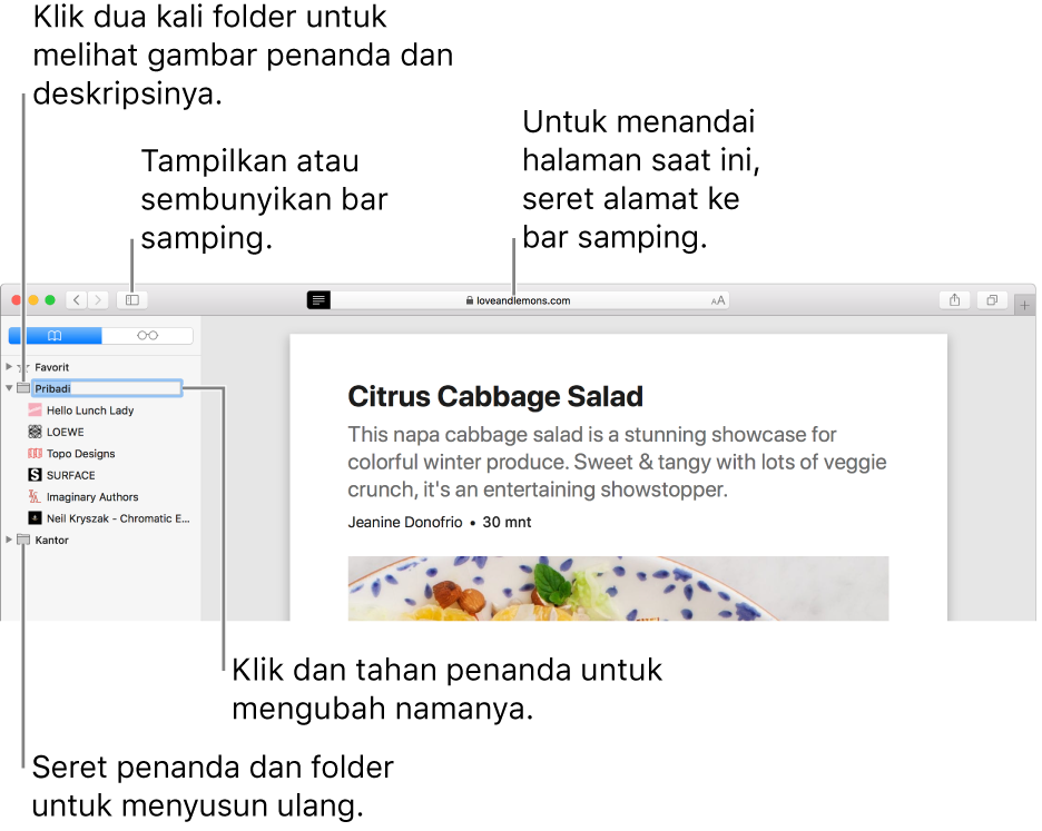 Jendela Safari menampilkan penanda di bar samping; satu penanda dipilih untuk pengeditan.