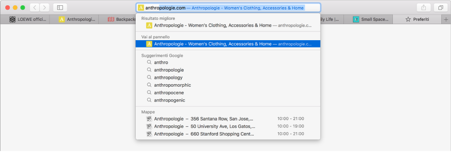 Una finestra di Safari con la prima parte dell'indirizzo di un sito web inserita nel campo di ricerca smart. Lo stesso sito compare nell'elenco dei risultati sotto “Vai al pannello”, perché è già aperto in un altro pannello.
