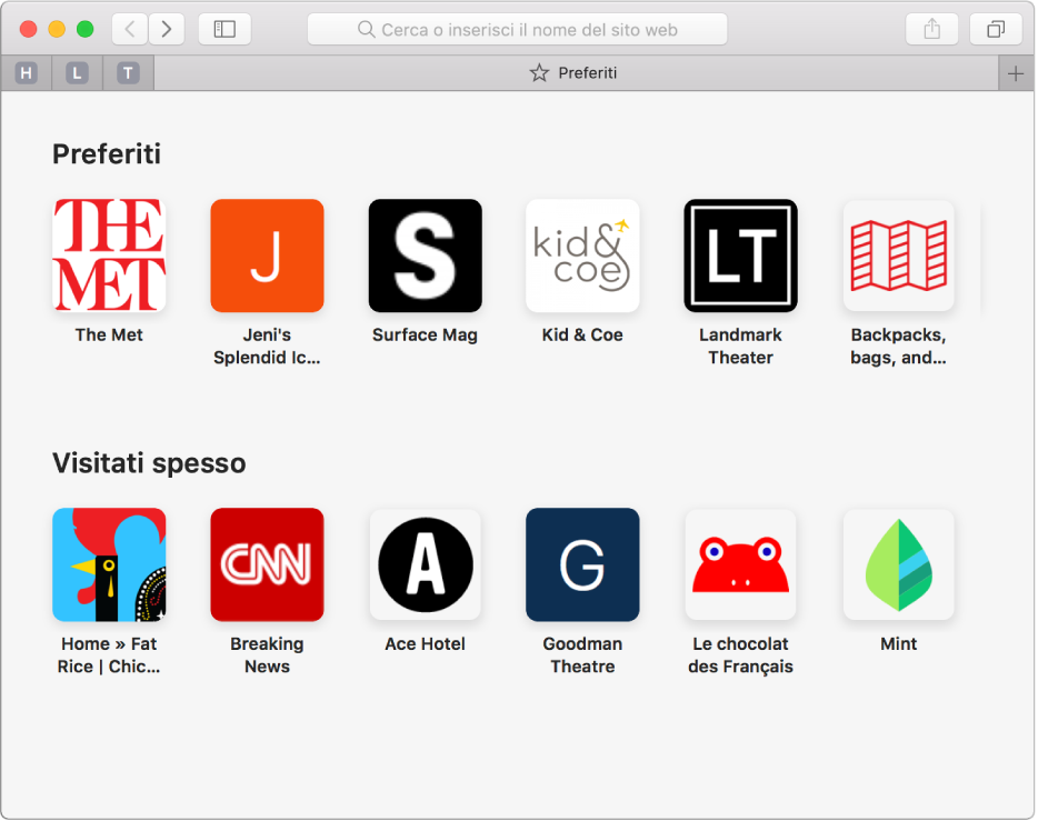 La pagina iniziare di Safari, che mostra i siti web preferiti e visitati più spesso.