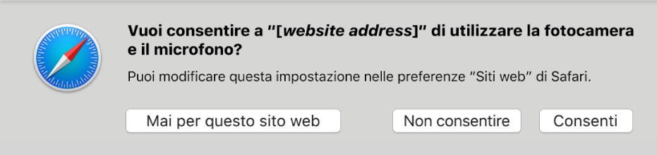 Una finestra di dialogo che mostra le opzioni per la condivisione della fotocamera e del microfono sul Mac con un sito web.