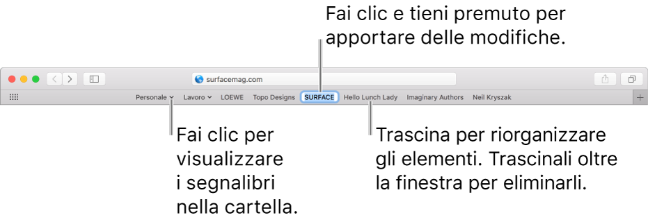 La barra dei preferiti con una cartella segnalibri. Per modificare un segnalibro o una cartella nella barra, fa clic e tienili premuti. Per riordinare gli elementi nella barra, trascinali. Per rimuovere un elemento, trascinalo al di fuori della barra.