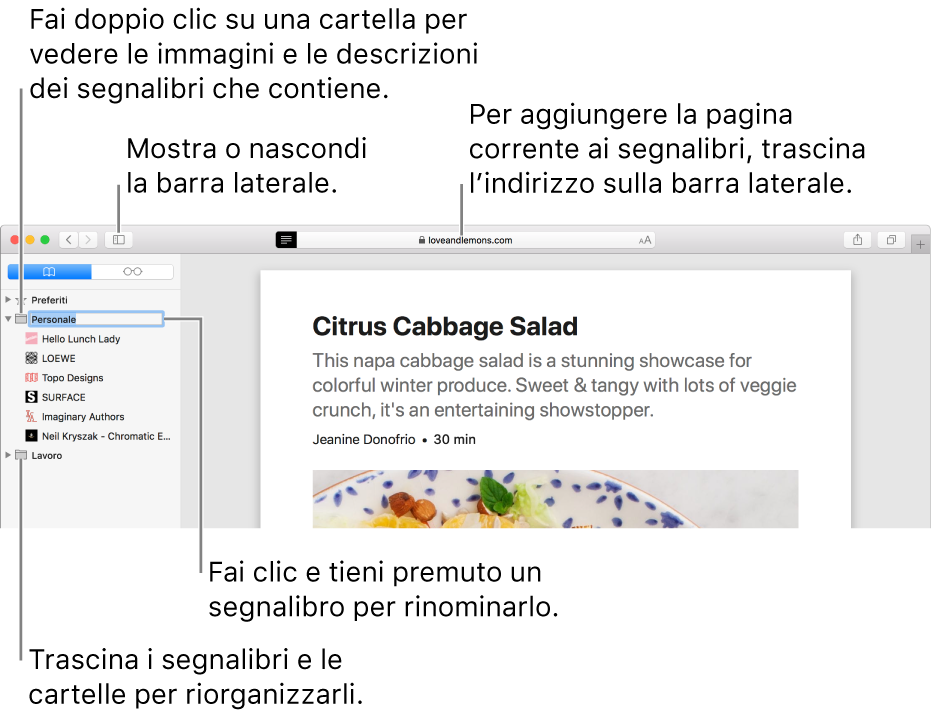 Una finestra di Safari che mostra i segnalibri nella barra laterale; un segnalibro è selezionato per la modifica.