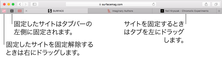 「Safari」のタブバーに固定されたサイト。