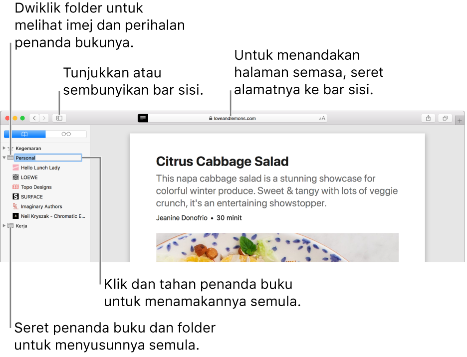 Tetingkap Safari menunjukkan penanda buku dalam bar sisi; satu penanda buku dipilih untuk pengeditan.