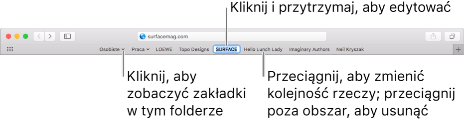 Pasek ulubionych z folderem zakładek. Aby edytować zakładkę lub folder na pasku, kliknij i przytrzymaj dany element. Aby zmienić ułożenie elementów na pasku, przeciągnij je. Aby usunąć element, przeciągnij go poza obszar paska.