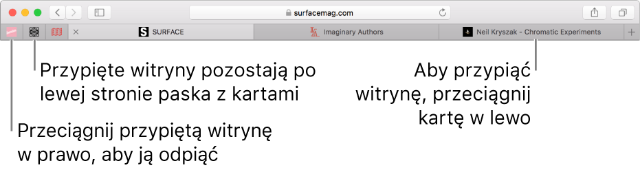 Przypięte witryny na pasku z kartami w Safari.