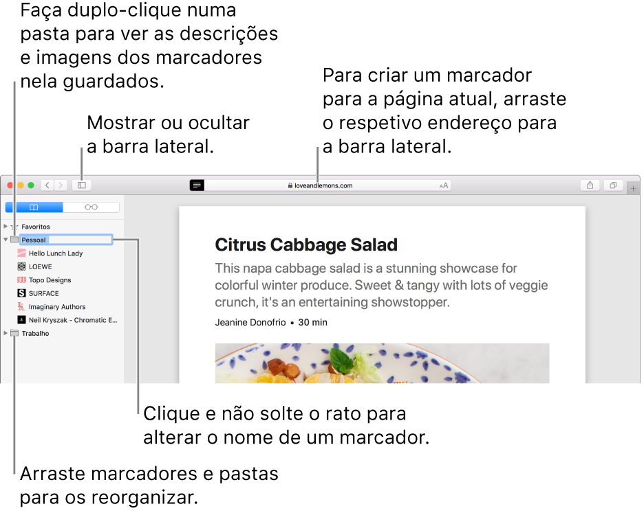 A janela do Safari com os marcadores na barra lateral; está selecionado um marcador para edição.