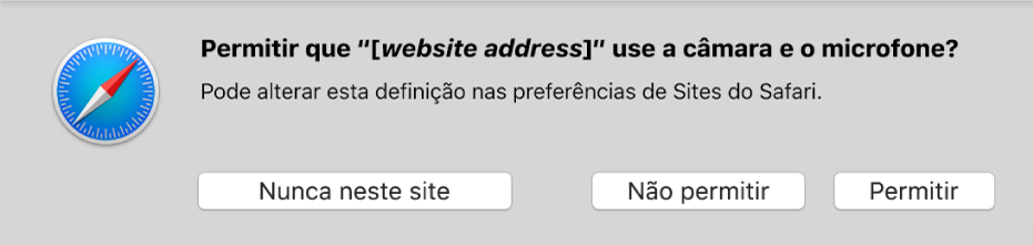 Uma caixa de diálogo mostra as opções de partilha da câmara e do microfone do Mac com um site.