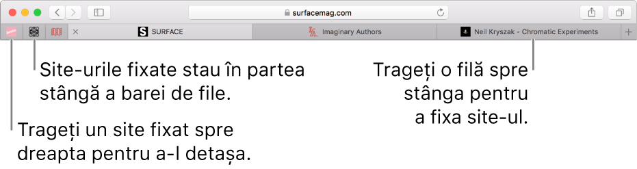 Site-uri fixate în bara de file Safari.