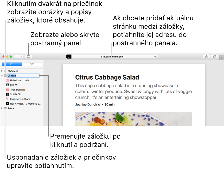 Okno Safari zobrazujúce záložky v postrannom paneli. Jedna záložka je vybraná na úpravu.