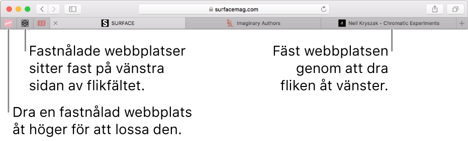 Fastnålade webbplatser i flikfältet i Safari.