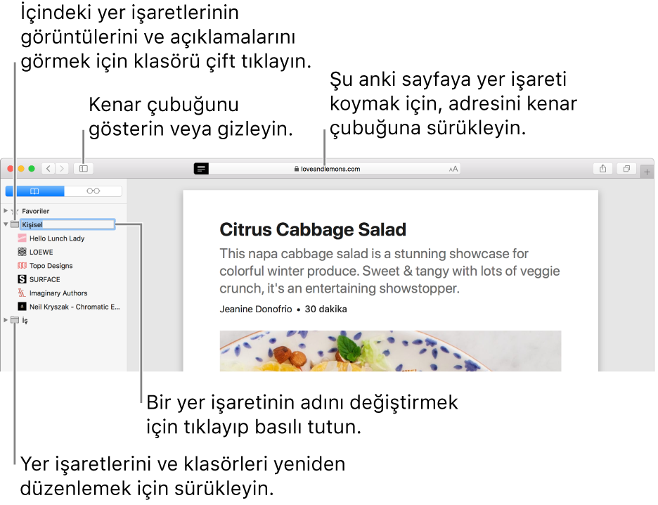 Kenar çubuğunda yer işaretlerini gösteren Safari penceresi; yer işaretlerinden biri düzenleme için seçilmiş.