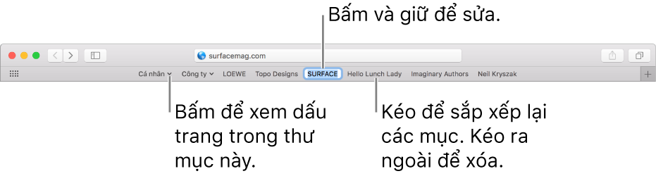 Thanh Mục ưa thích với một thư mục dấu trang. Để sửa dấu trang hoặc thư mục trong thanh, bấm và giữ dấu trang hoặc thư mục. Để sắp xếp lại các mục trong thanh, kéo các mục. Để xóa mục, kéo mục ra khỏi thanh.