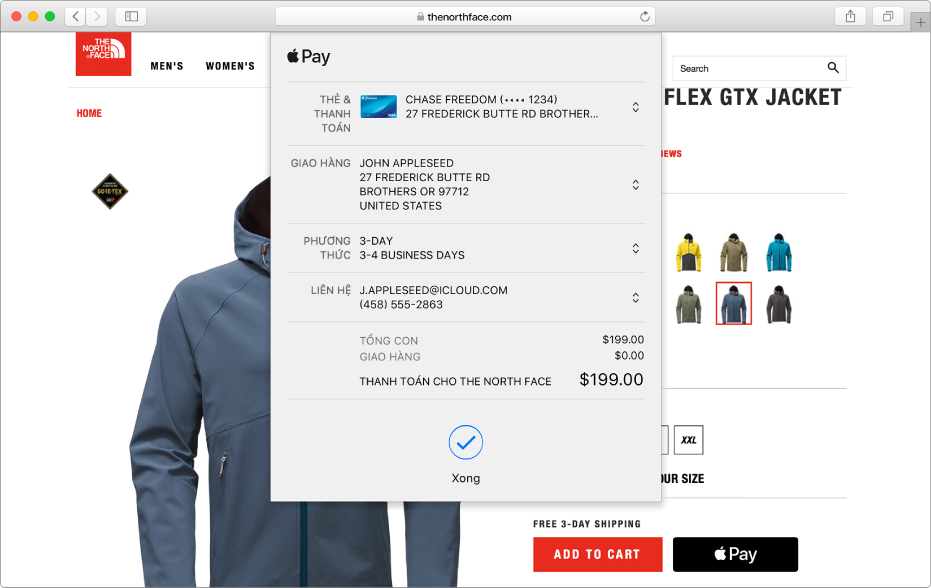 Trang web mua sắm phổ biến cho phép Apple Pay và chi tiết giao dịch mua của bạn bao gồm thẻ tín dụng được tính tiền, thông tin giao hàng, thông tin cửa hàng và giá mua hàng.