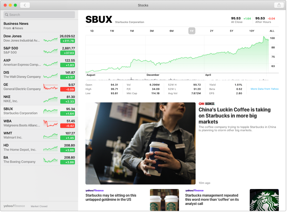 A Stocks window, showing the watchlist on the left, a chart in the upper right, and news headlines in the lower right.