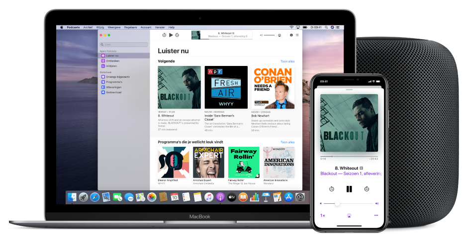 Het Podcasts-venster met het scherm 'Luister nu' op een Mac en iPhone, met een HomePod op de achtergrond.