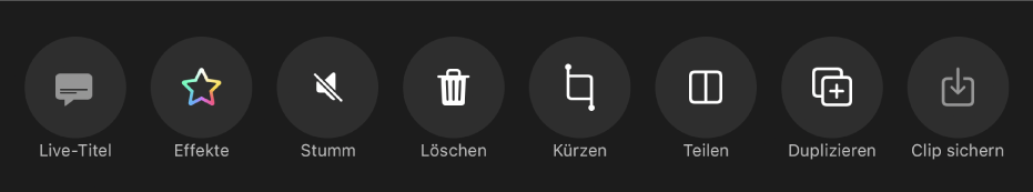 Tasten, die unter dem Viewer angezeigt werden, wenn ein Clip ausgewählt ist. Die Tasten heißen (von links nach rechts): Live-Titel, Effekte, Stumm, Löschen, Kürzen, Teilen, Duplizieren und Clip sichern.