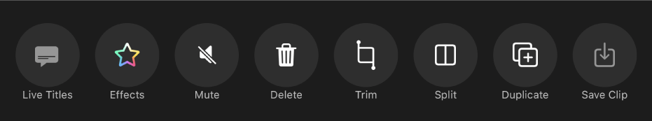 Buttons that appear below the viewer when a clip is selected. From left to right, the buttons are Live Titles, Effects, Mute, Delete, Trim, Split, Duplicate and Save Clip.