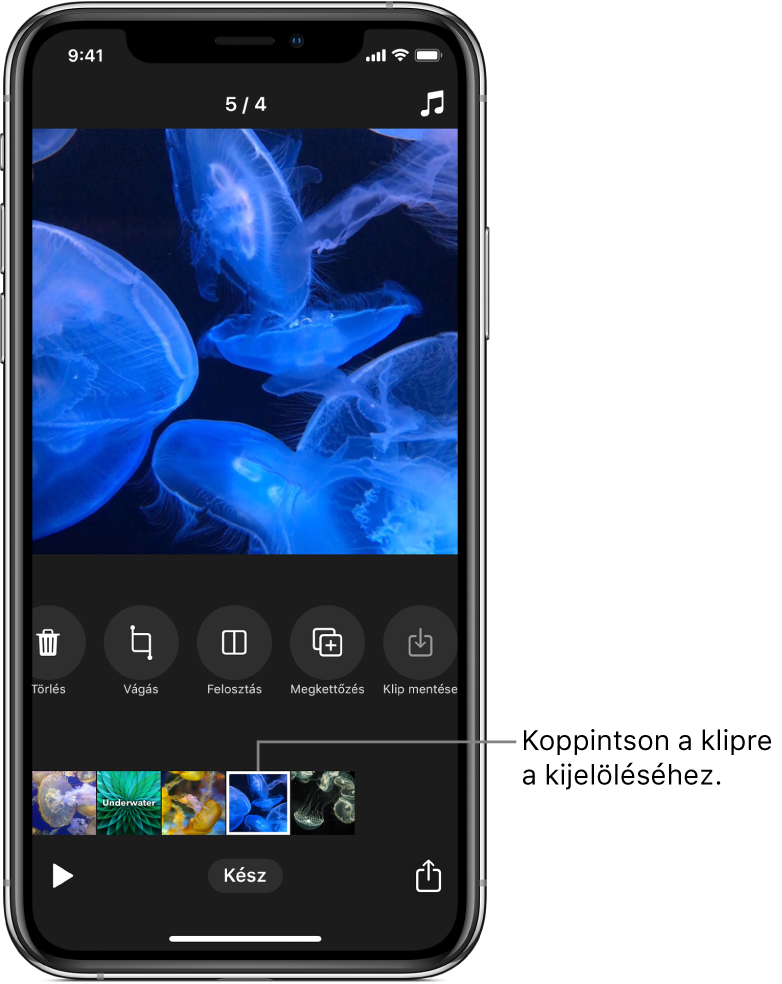 Egy klip kijelölve egy projektben, felette a kijelölt klip törlésére, vágására, felosztására, megkettőzésére vagy mentésére szolgáló gombsorral.