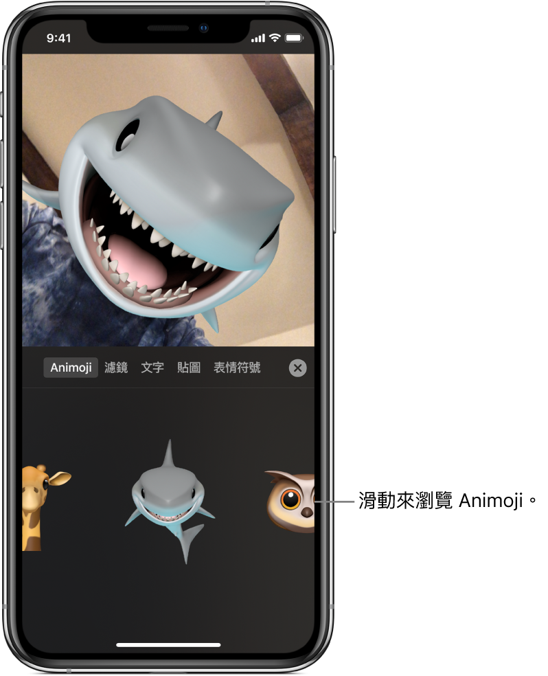 檢視器中顯示影片影像，下方顯示選取了 Animoji 以及 Animoji 的角色。